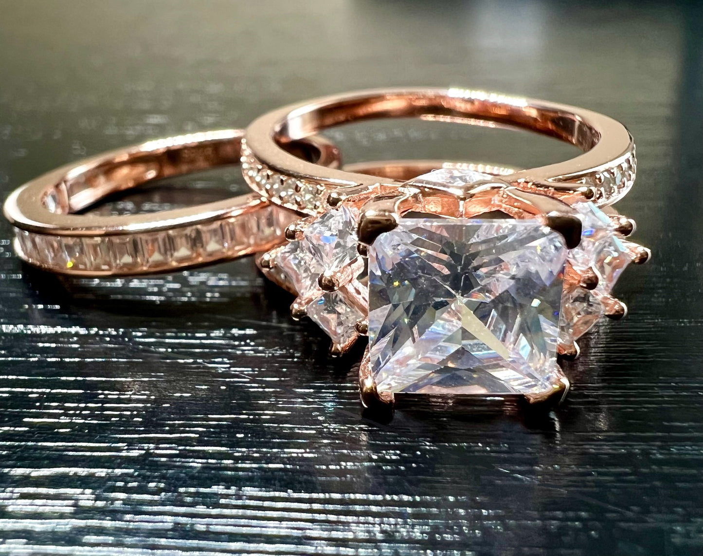925 Sterling Silver Princess Cut, Diamond CZ Tri Band Ring on Rose Gold