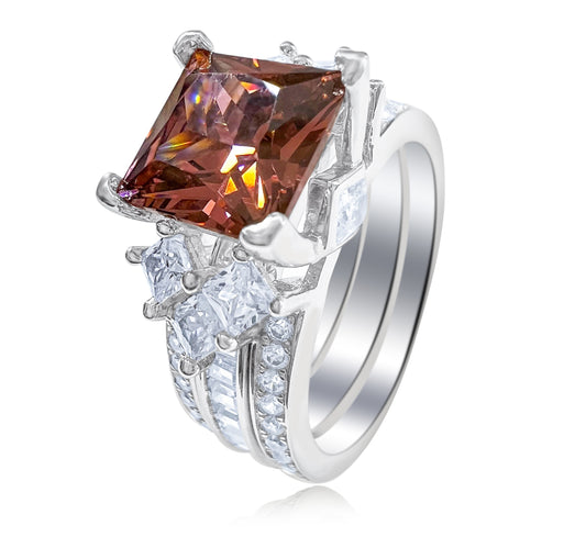 925 Sterling Silver Princess Cut, Light Rhodolite Diamond CZ Tri-Band Ring