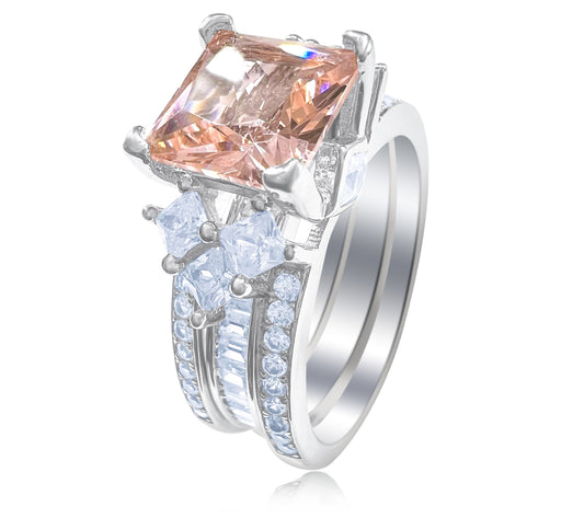 925 Sterling Silver Princess Cut, Morganite & Clear CZ Tri-Band Ring