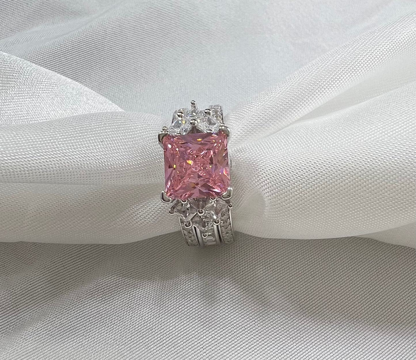 925 Sterling Silver Princess Cut, Pink Diamond CZ Tri-Band Ring