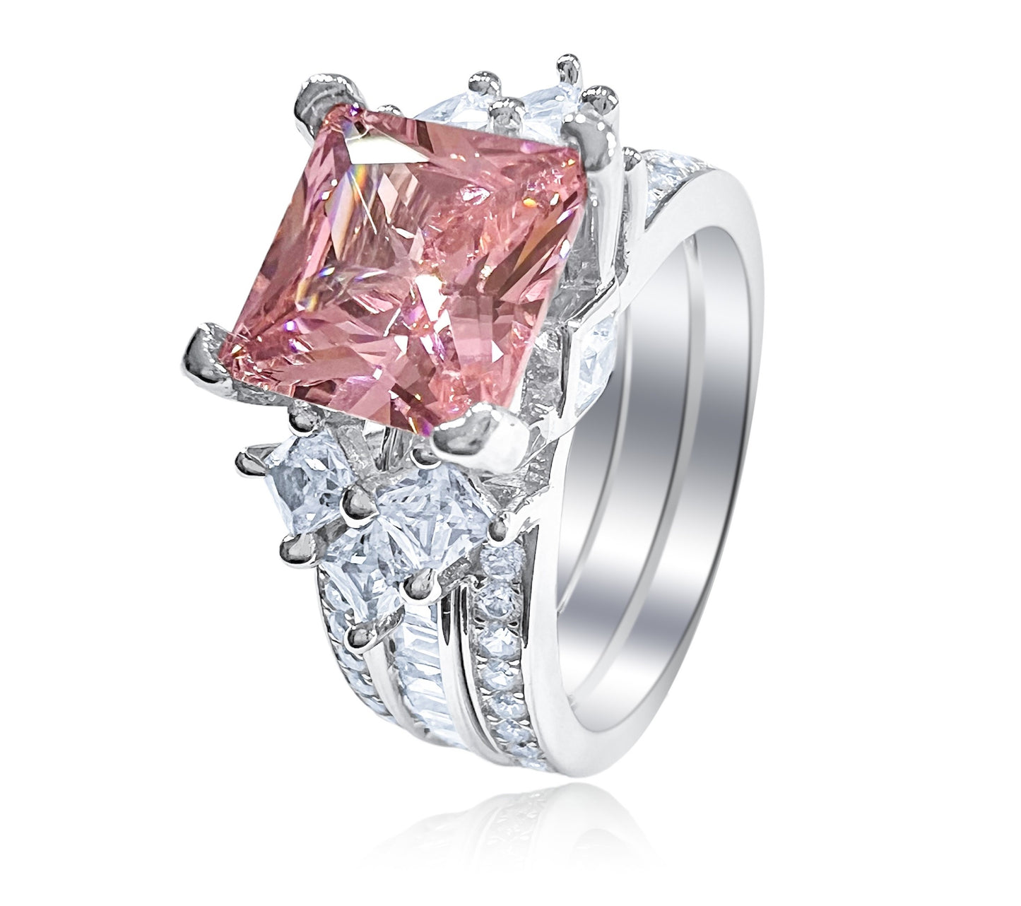 925 Sterling Silver Princess Cut, Pink Diamond CZ Tri-Band Ring