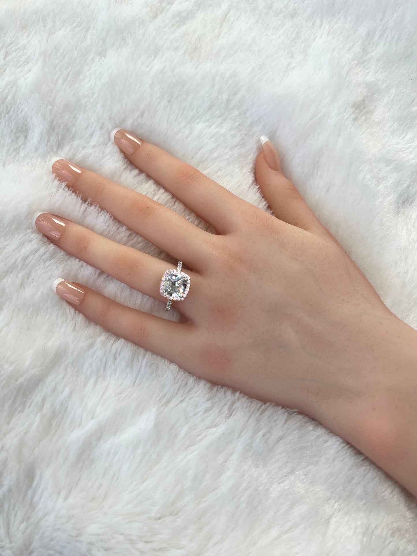 Cushion Cut High Setting Halo Diamond CZ Engagement Ring in Sterling Silver & Rose Gold