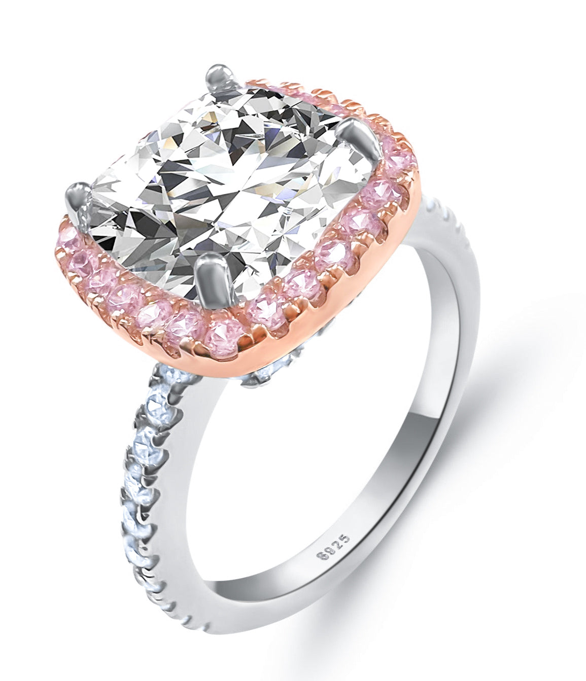 Cushion Cut High Setting Halo Diamond CZ Engagement Ring in Sterling Silver & Rose Gold