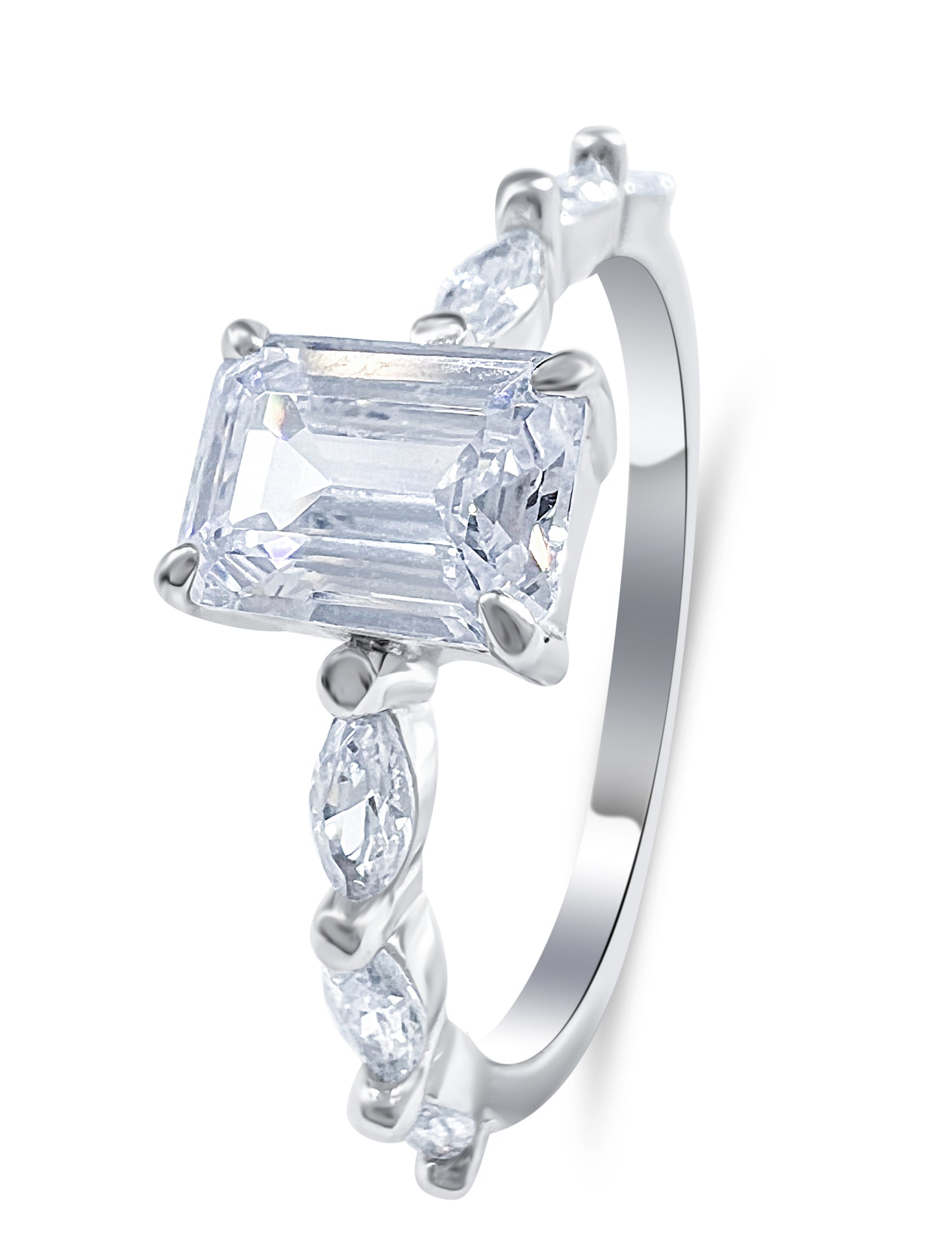 Dainty Sterling Silver Diamond Cubic Zirconia Baguette Engagement Ring