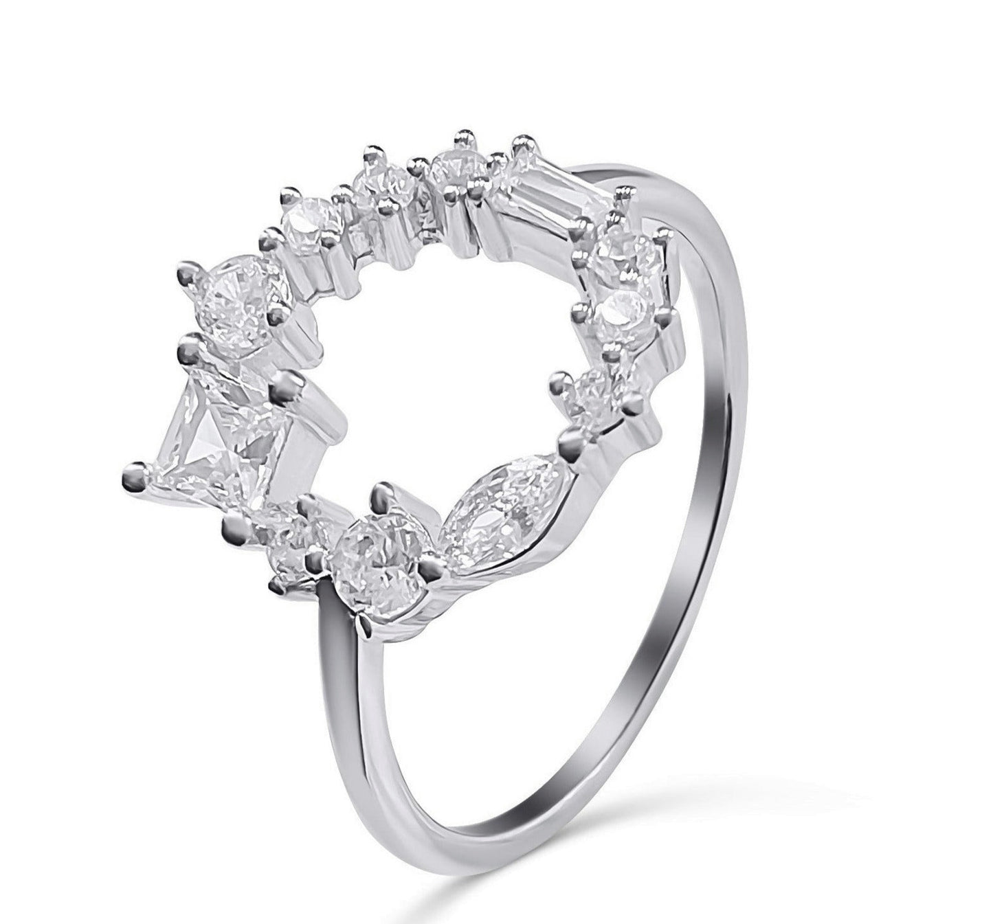 Dainty 925 Sterling Silver Diamond CZ Geometric Cluster Band Open Circle Ring