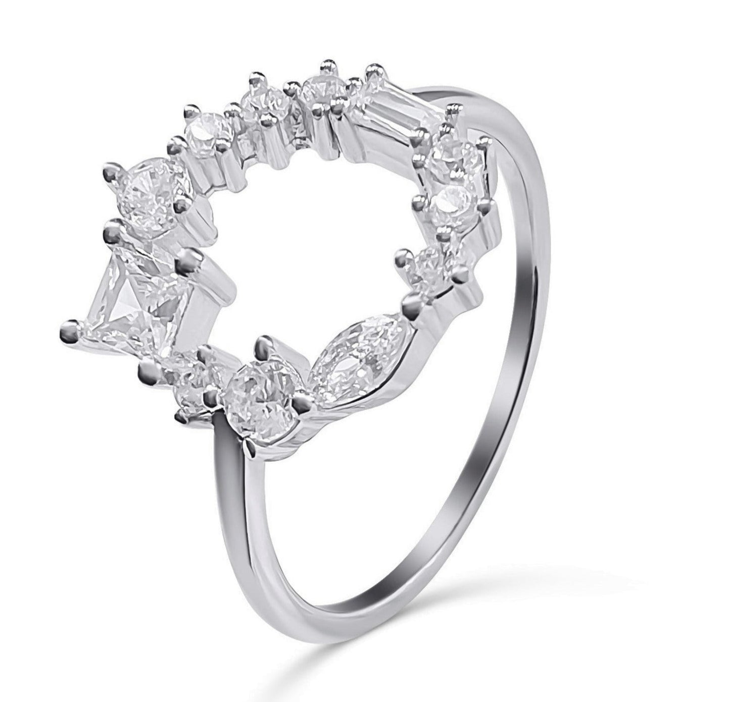 Dainty 925 Sterling Silver Diamond CZ Geometric Cluster Band Open Circle Ring