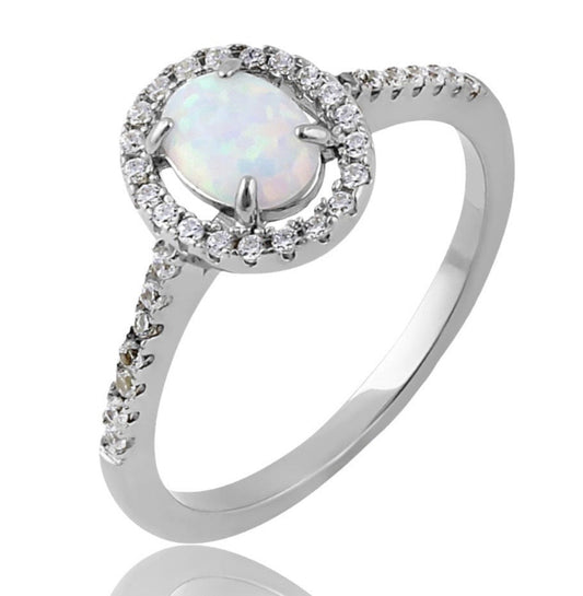 Dainty 925 Sterling Silver Oval Halo White Lab Opal with Clear CZ Ring