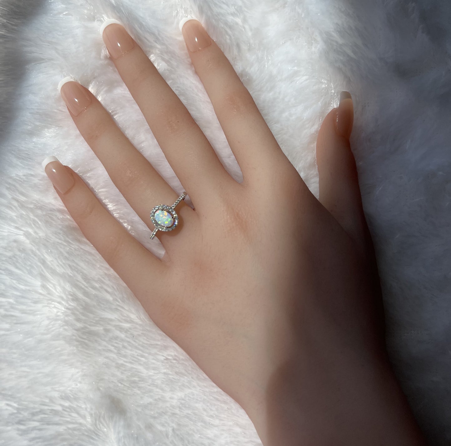 Dainty 925 Sterling Silver Oval Halo White Lab Opal with Clear CZ Ring