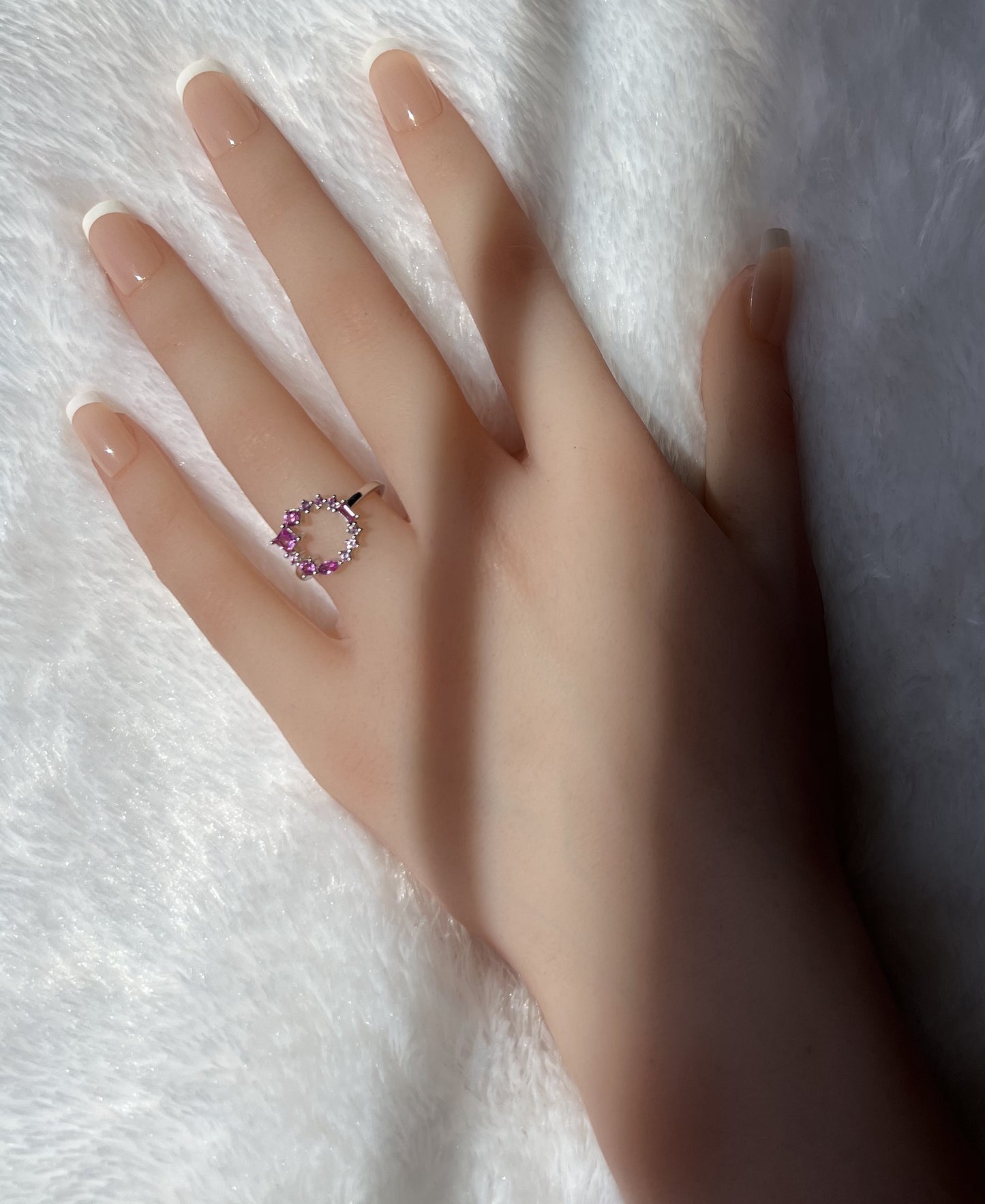 Dainty 925 Sterling Silver Rose Corundum Geometric Cluster Band Open Circle Ring