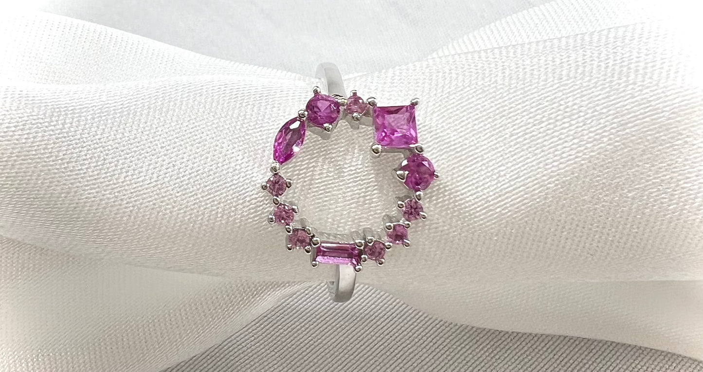 Dainty 925 Sterling Silver Rose Corundum Geometric Cluster Band Open Circle Ring