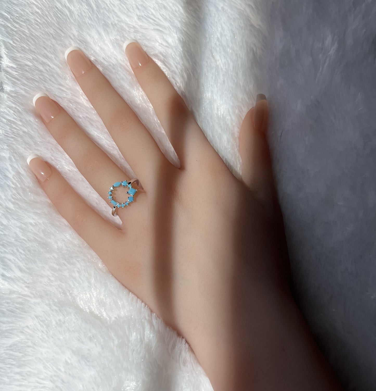 Dainty 925 Sterling Silver Turquoise Nano Crystal Geometric Cluster Band Open Circle Ring