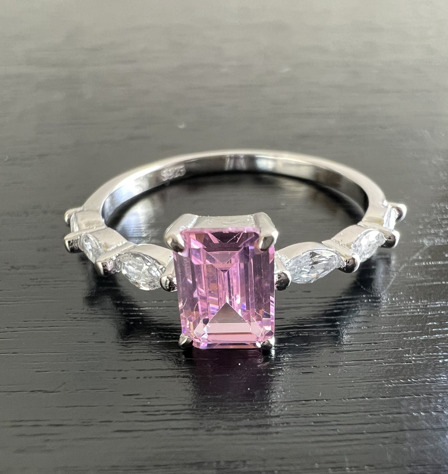 Dainty Sterling Silver Pink & Clear Cubic Zirconia Baguette Engagement Ring