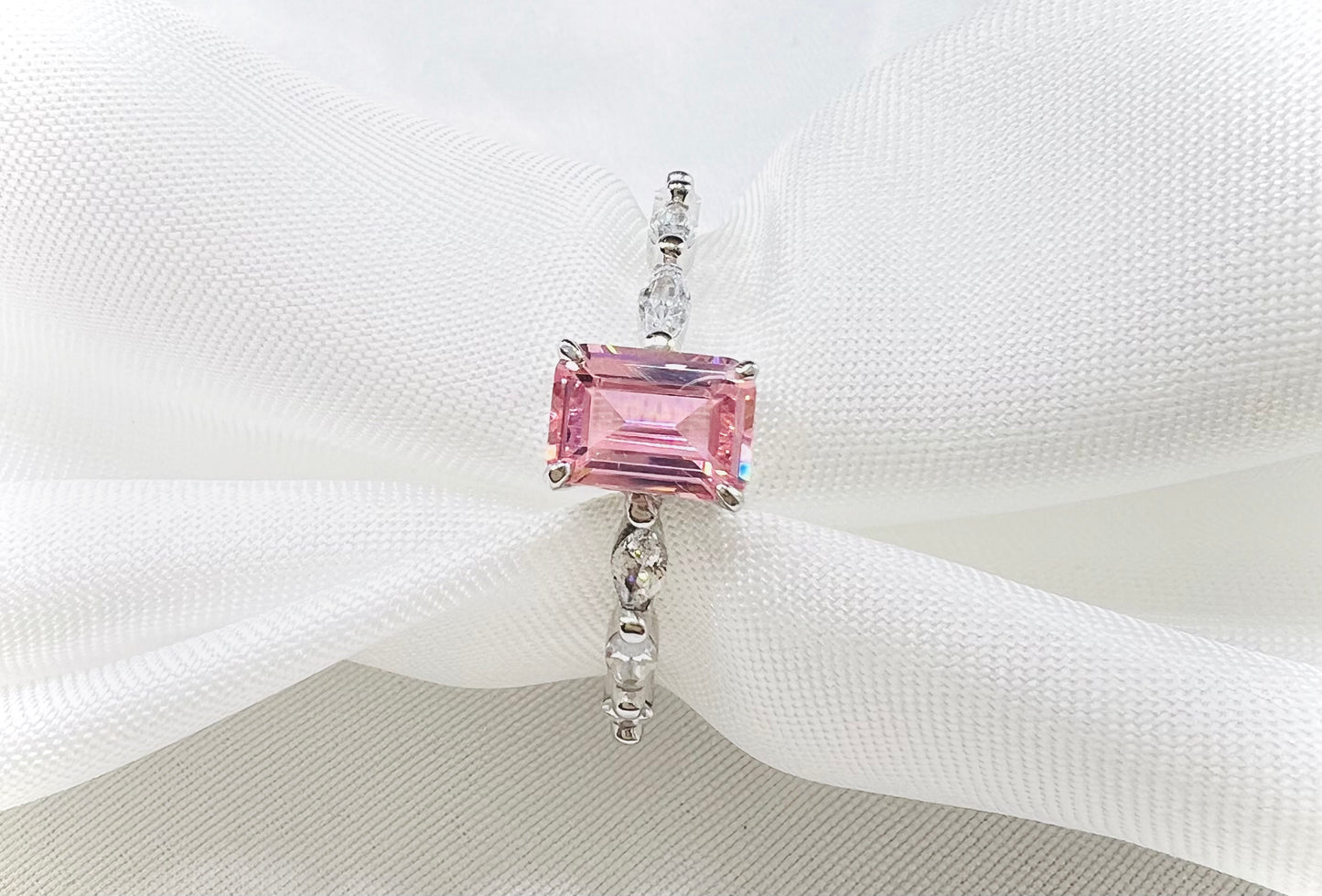 Dainty Sterling Silver Pink & Clear Cubic Zirconia Baguette Engagement Ring
