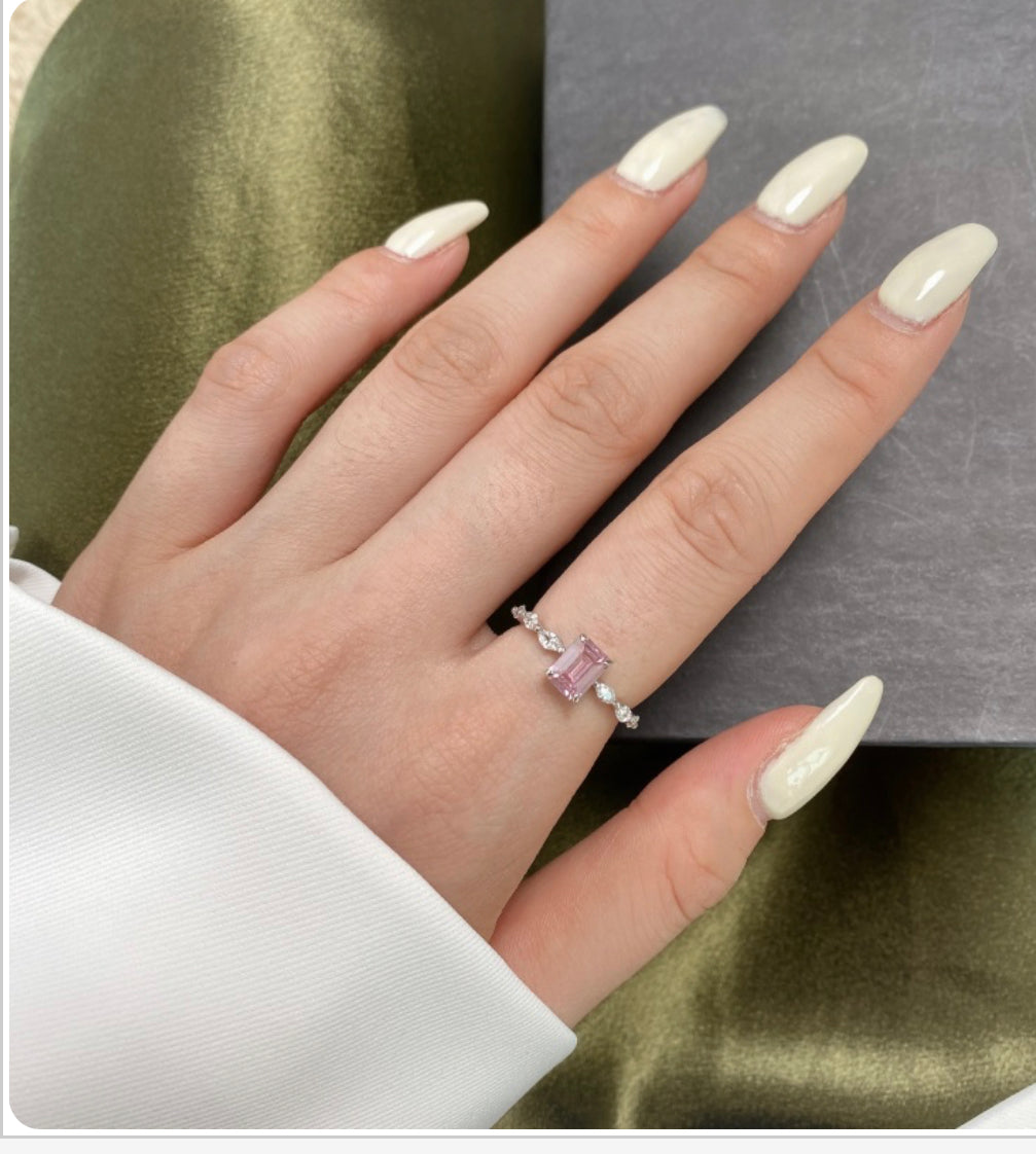 Dainty Sterling Silver Pink & Clear Cubic Zirconia Baguette Engagement Ring