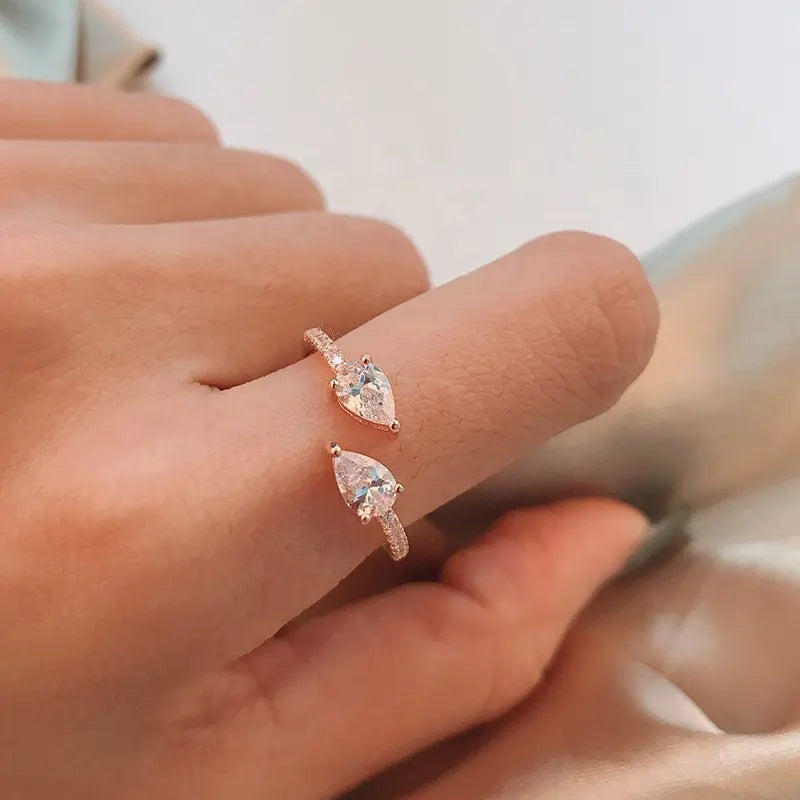 925 Sterling Silver Twin Pear Cubic Zirconia Open Ring on Rose Gold Plating