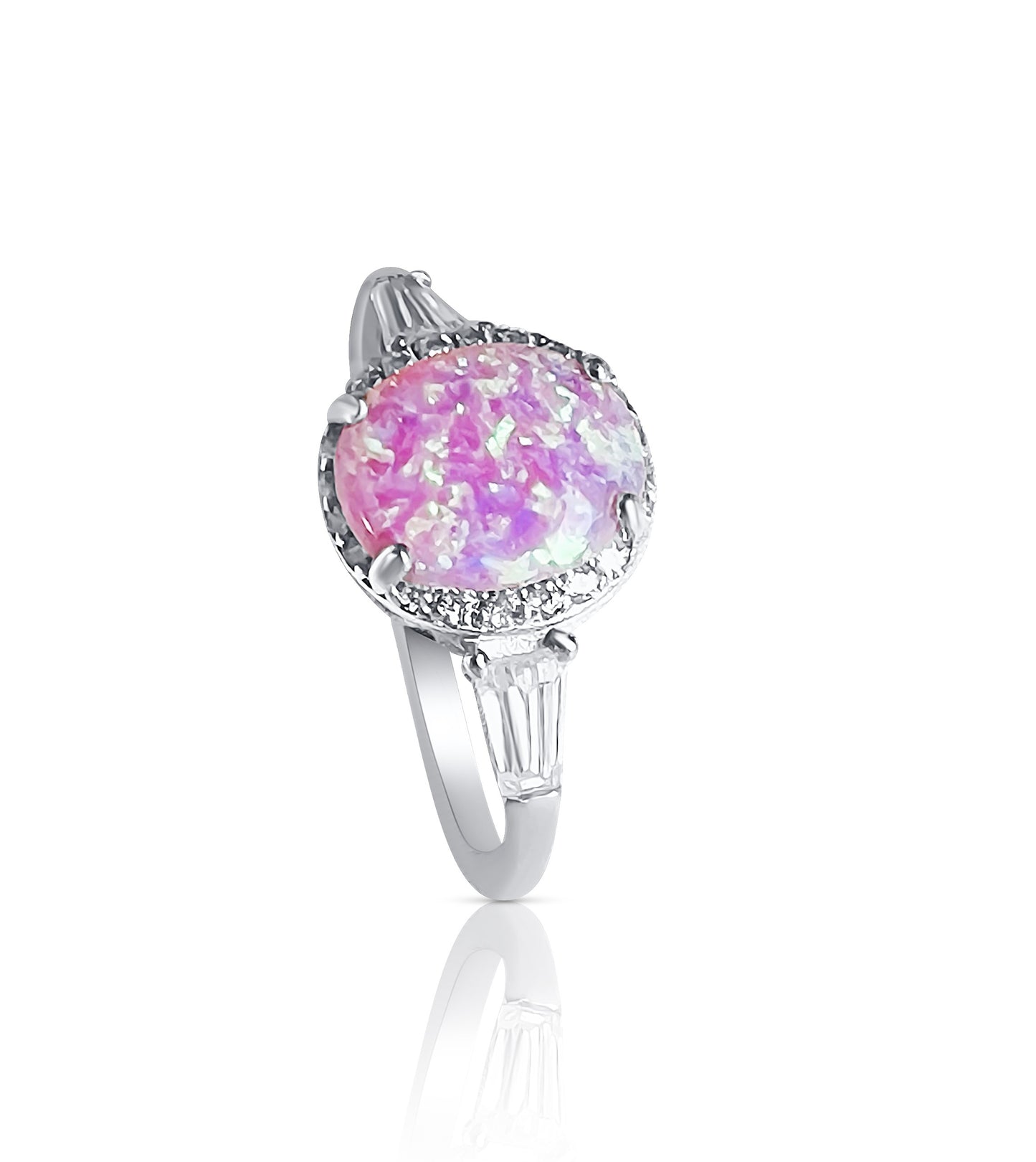 Sterling Silver Oval Pink Lab Grown Opal Cubic Zirconia Ring