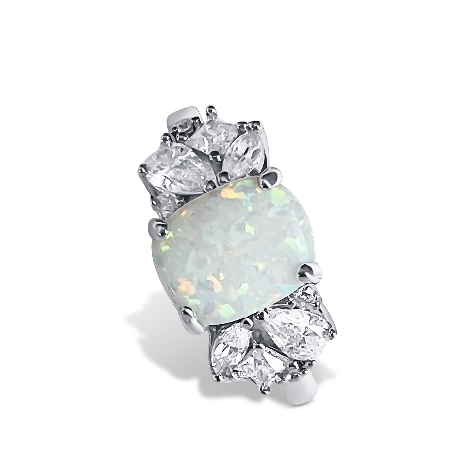 925 Sterling Silver White Lab Grown Fire Opal with Clear Cubic Zirconia Ring