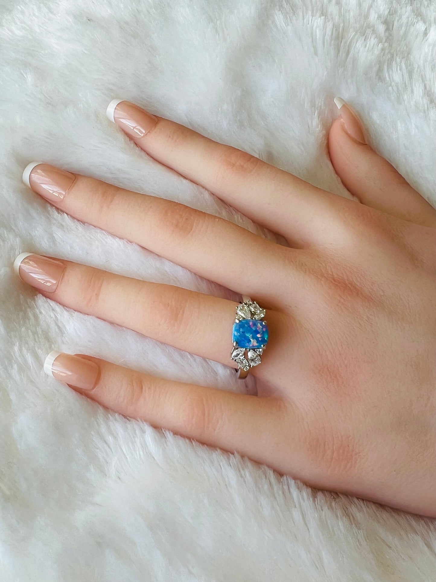 925 Sterling Silver Blue Lavender Lab Grown Fire Opal with Clear Cubic Zirconia Ring