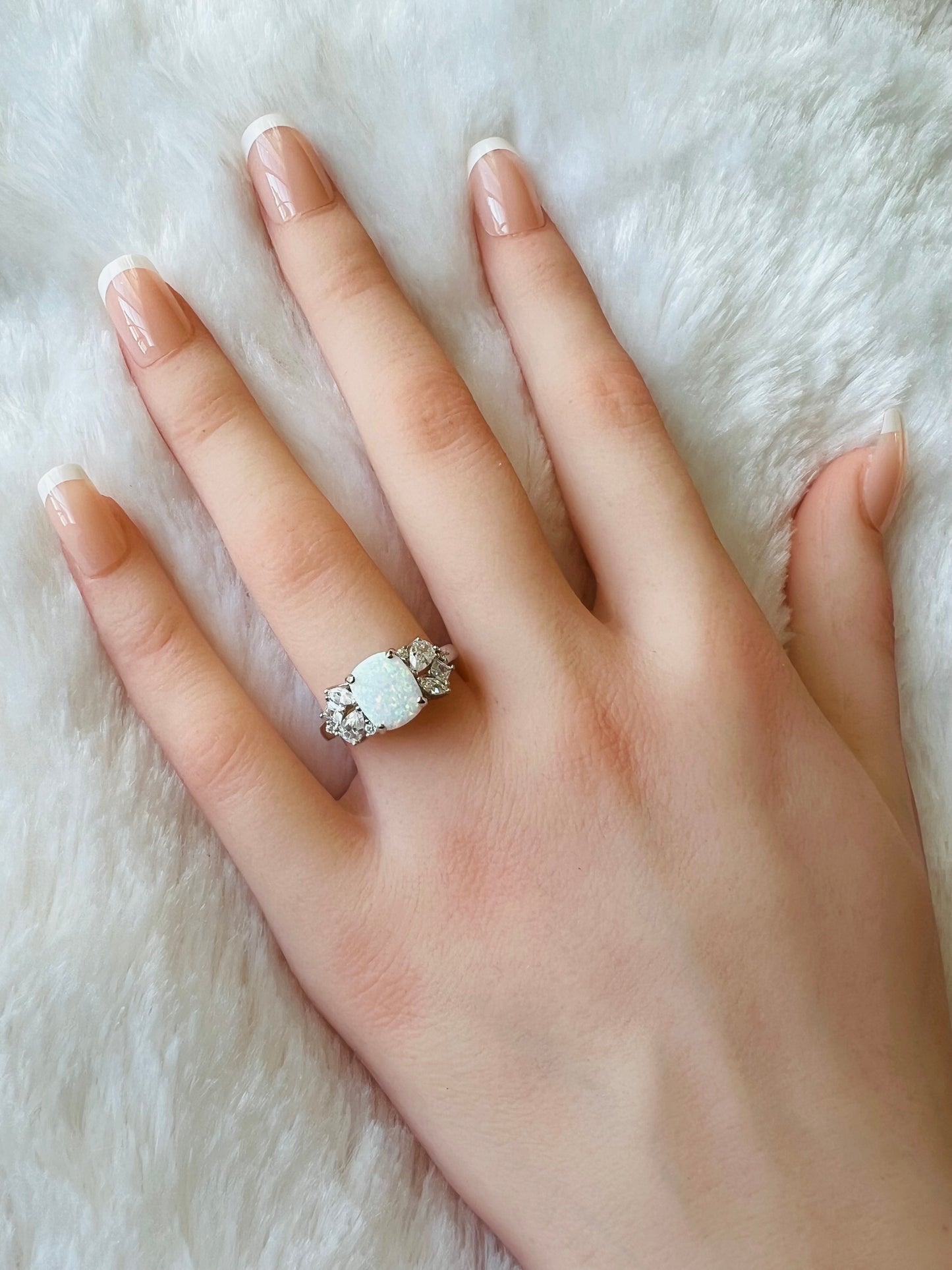 925 Sterling Silver White Lab Grown Fire Opal with Clear Cubic Zirconia Ring