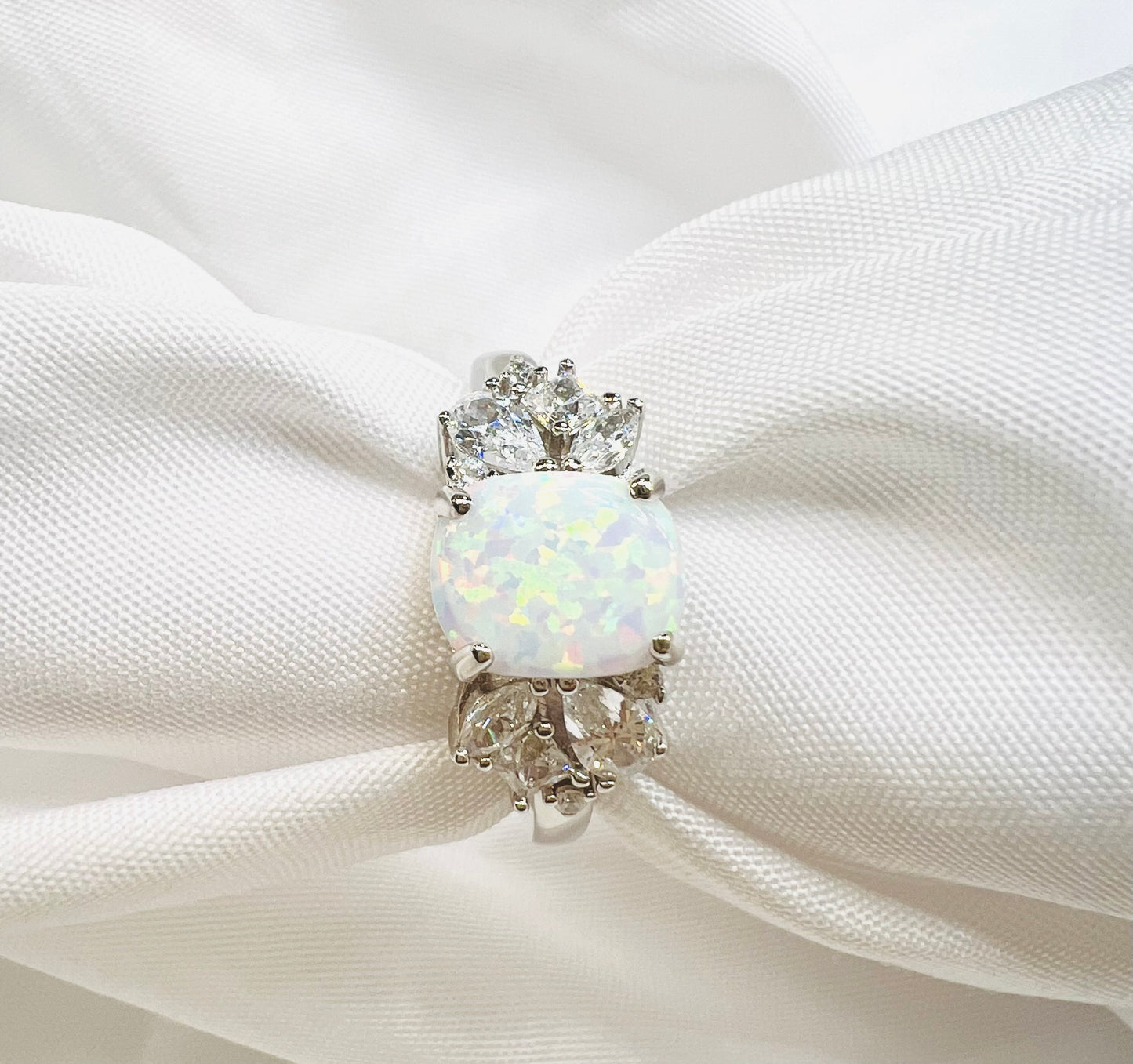 925 Sterling Silver White Lab Grown Fire Opal with Clear Cubic Zirconia Ring