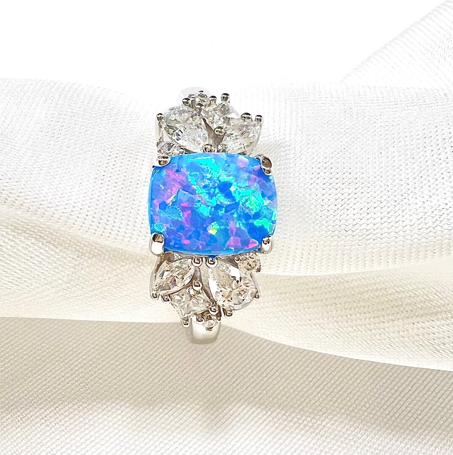925 Sterling Silver Blue Lavender Lab Grown Fire Opal with Clear Cubic Zirconia Ring