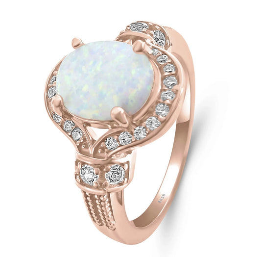 Elegant White Oval Opal & Cubic Zirconia Sterling Silver Ring on Rose Gold