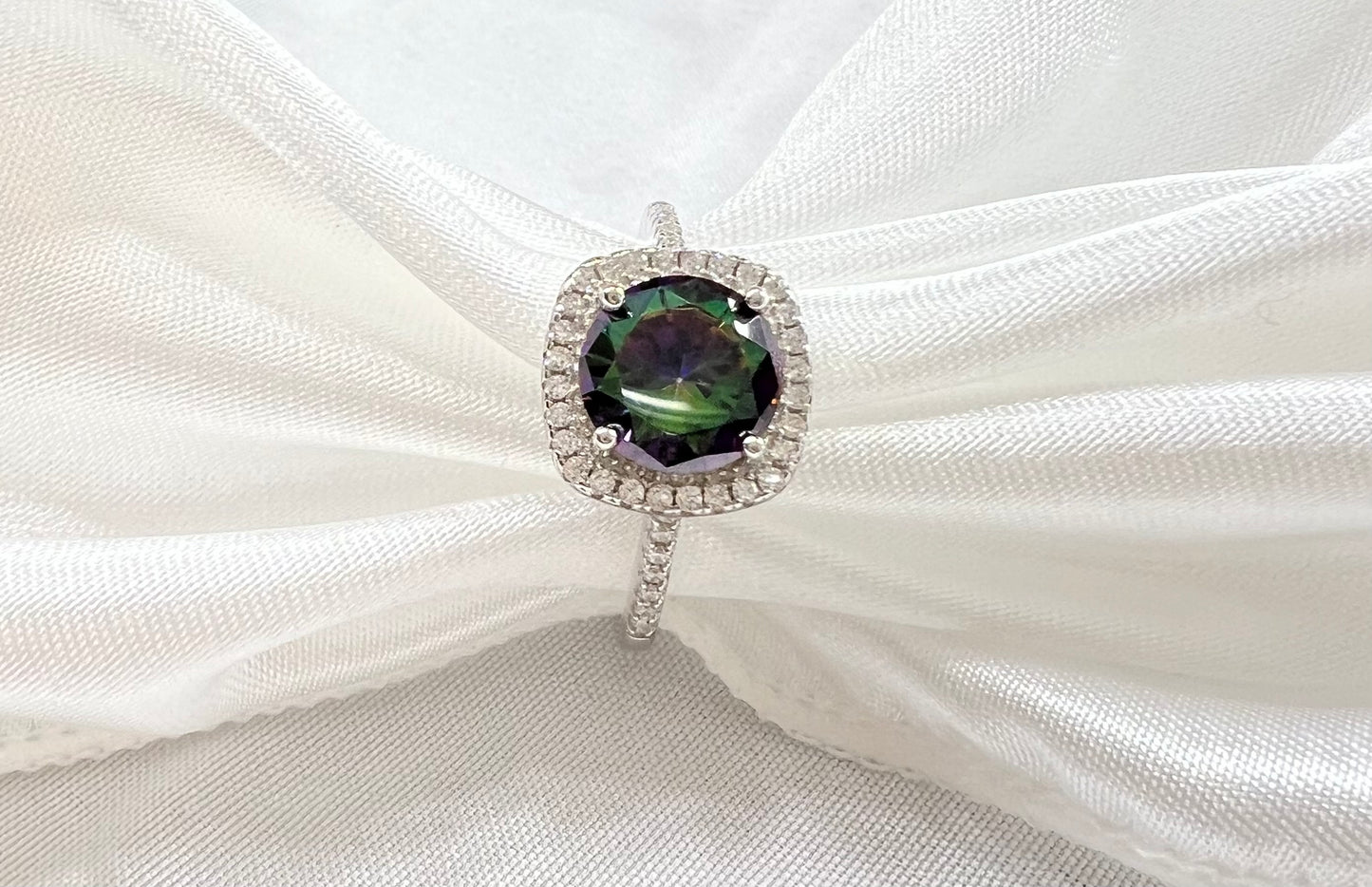 Sterling Silver Cushion Cut Rainbow Topaz & Diamond CZ Ring