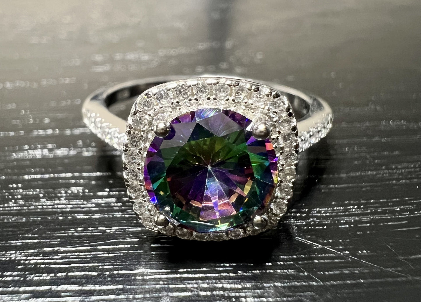 Sterling Silver Cushion Cut Rainbow Topaz & Diamond CZ Ring