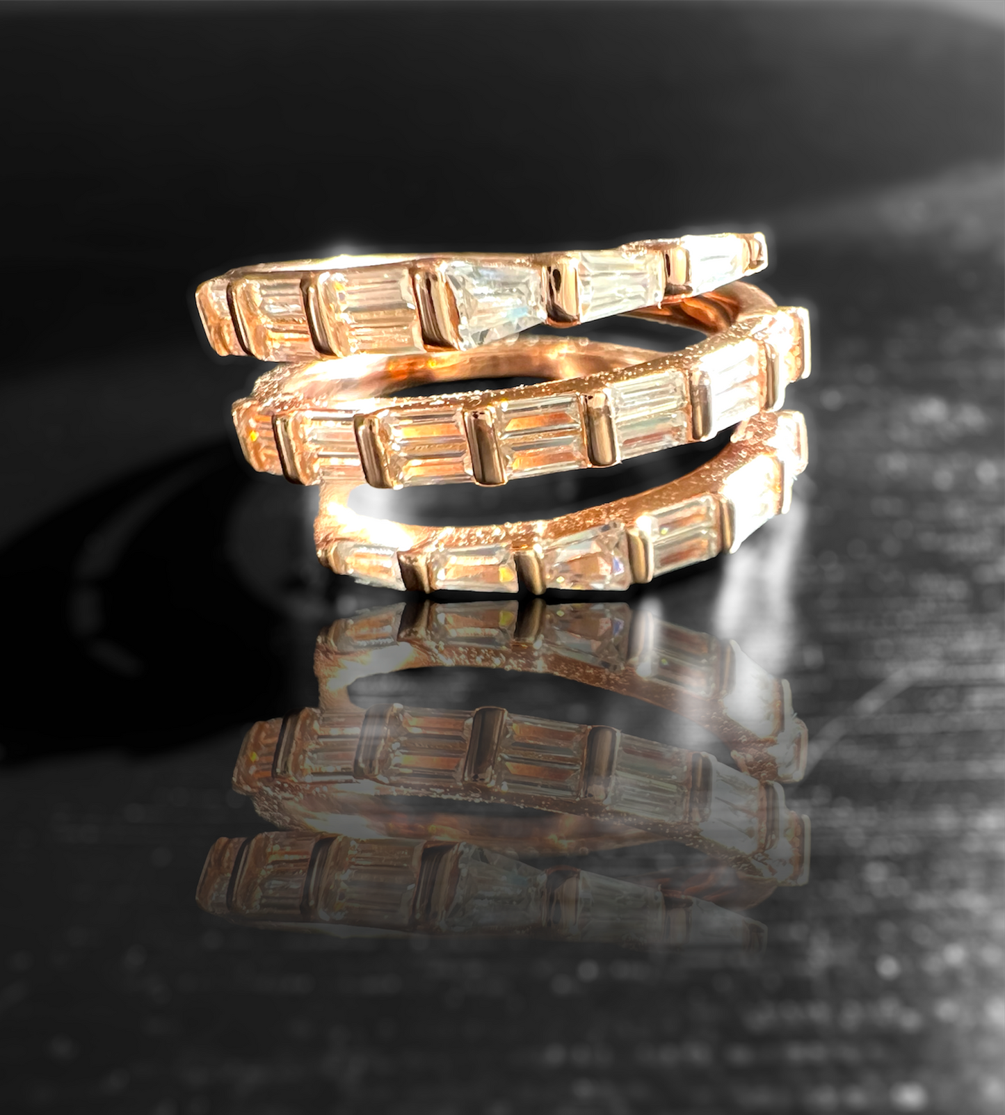 Sterling Silver Diamond Cubic Zirconia Baguette Spiral Ring in Rose Gold