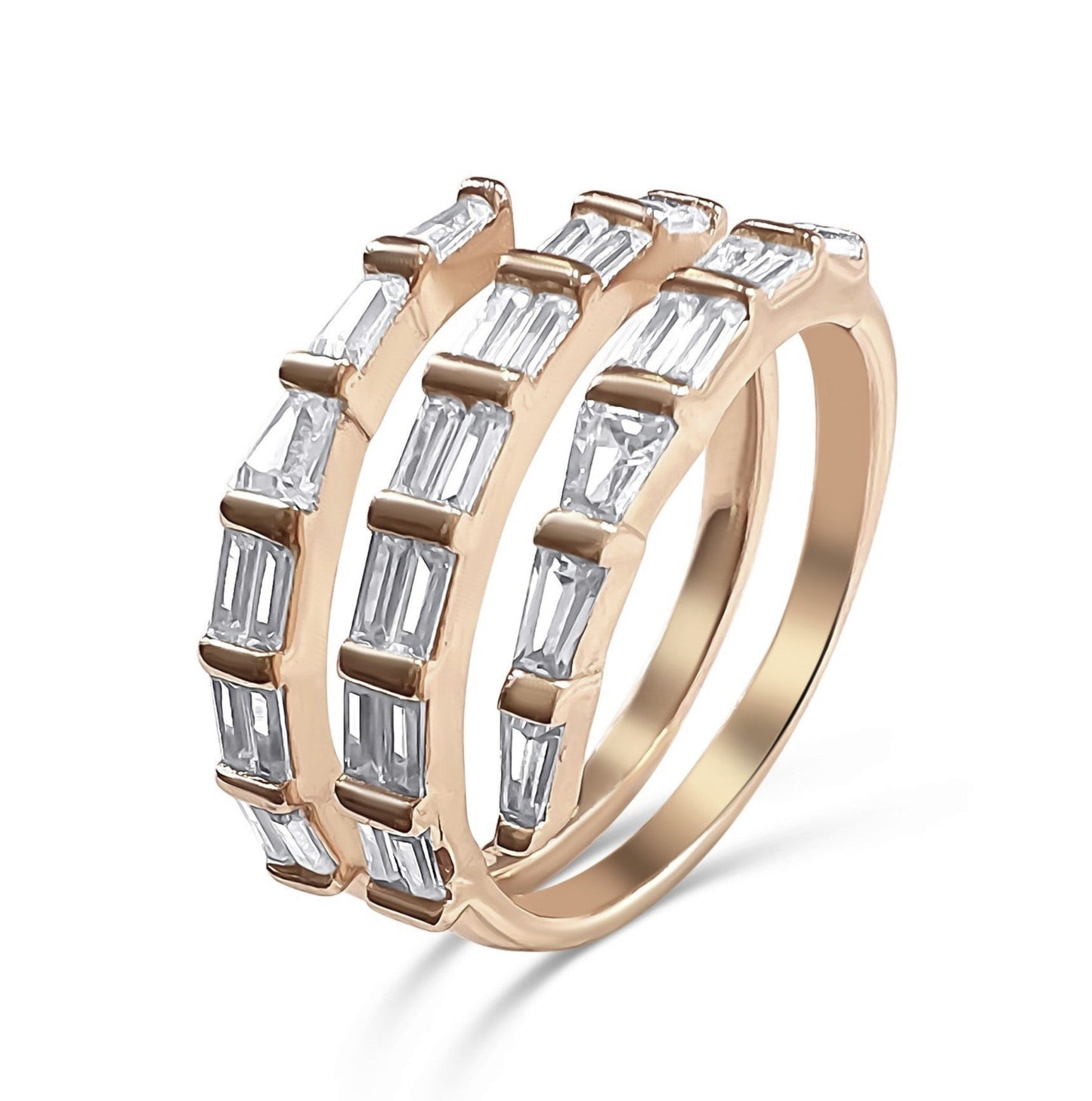 Sterling Silver Diamond Cubic Zirconia Baguette Spiral Ring in Rose Gold