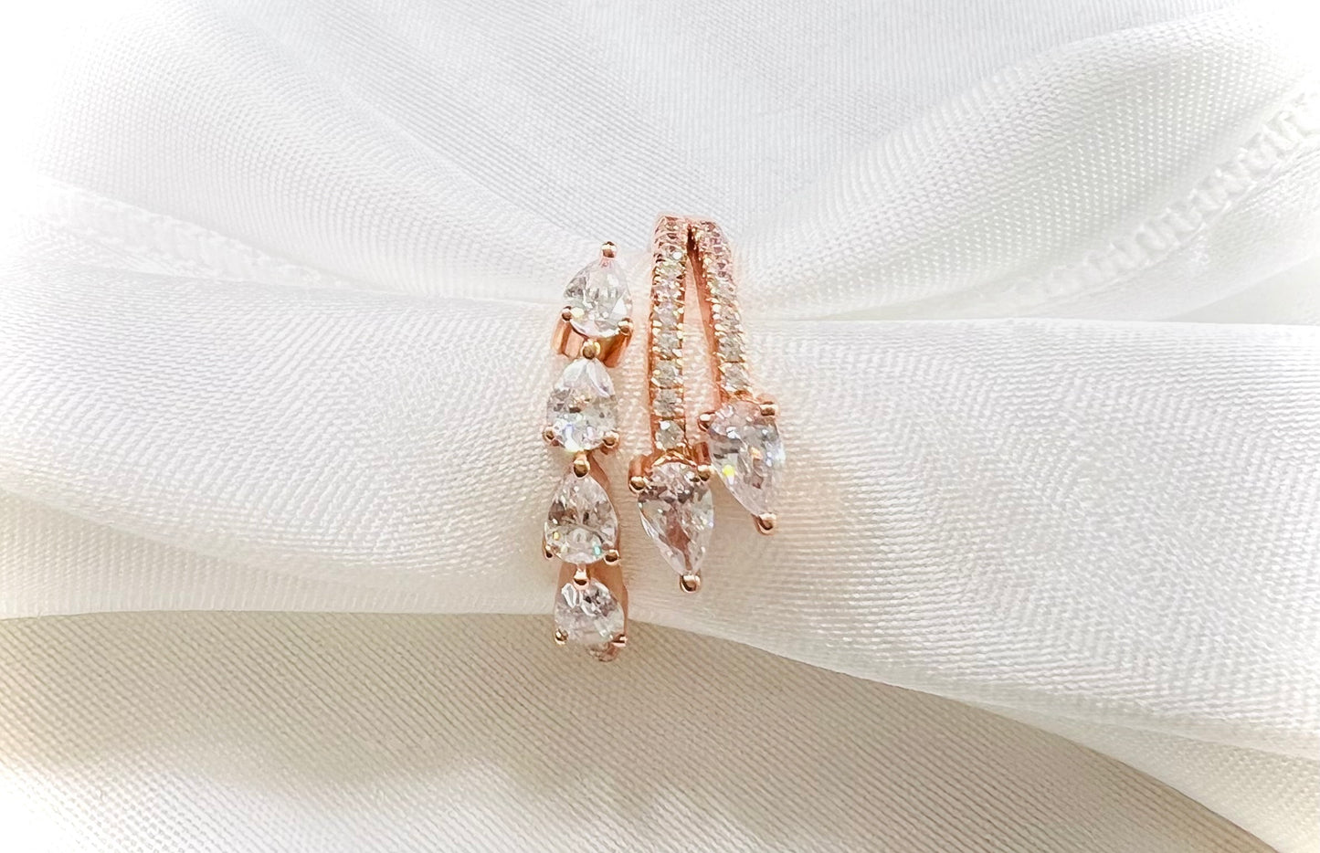 Sterling Silver Pear Cut Diamond with Pavé Cubic Zirconia Spiral Ring on Rose Gold