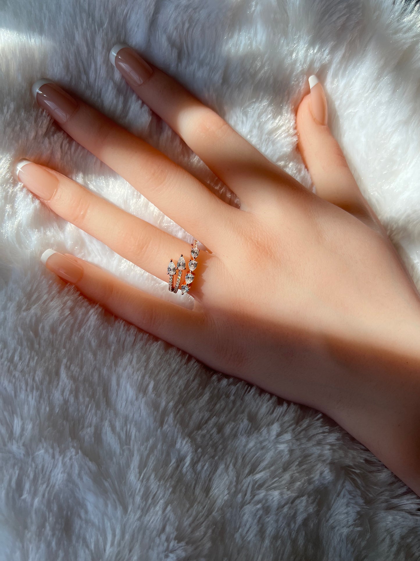 Sterling Silver Pear Cut Diamond with Pavé Cubic Zirconia Spiral Ring on Rose Gold