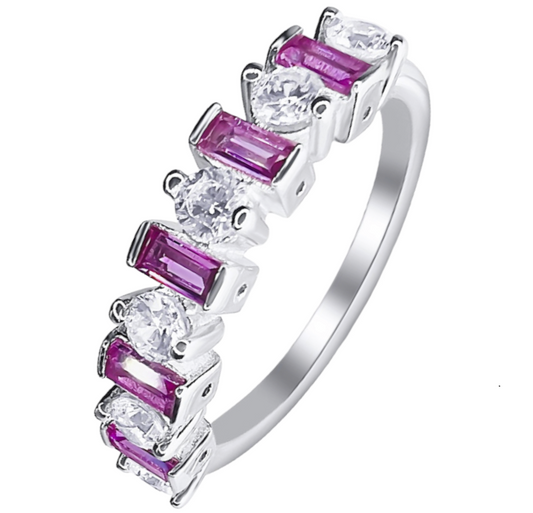 Sterling Silver Round & Baguette Pink Cubic Zirconia Band